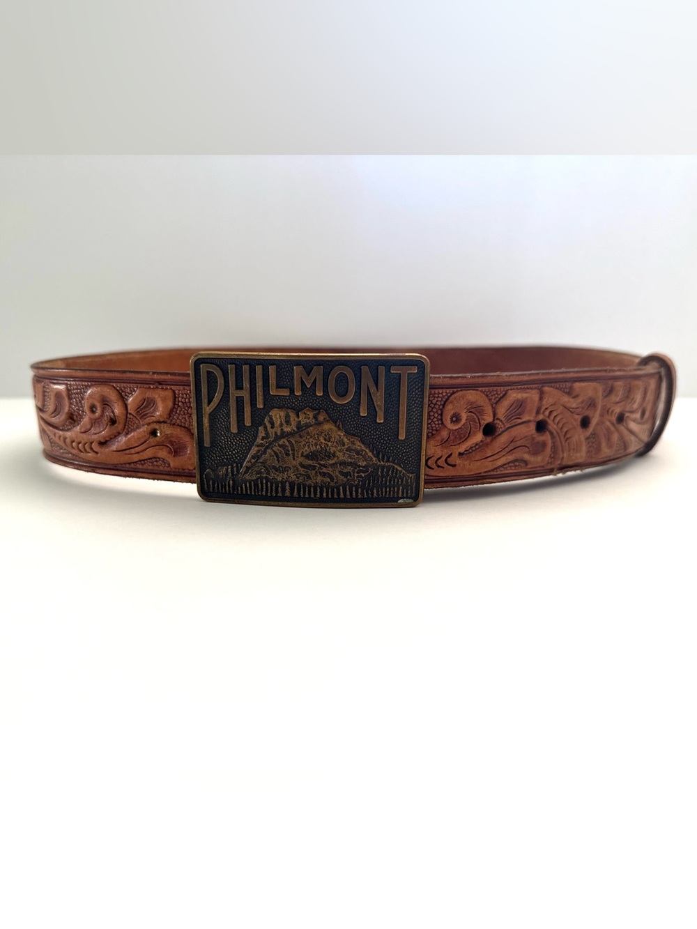 Vintage Philmont Scout Ranch Tooled Leather Belt Buckle Size 36